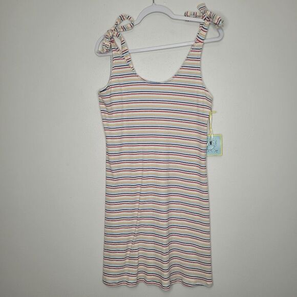 CeCe striped tie straps cute flirty mini stretch classic ribbed dress Medium NWT - Picture 1 of 7